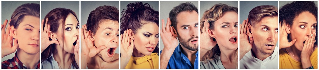 Multiethnic group of young people men and women listening eavesdropping